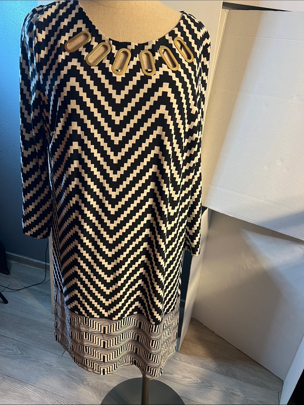 Haani Black & White Chevron Midi Skirt with Gold Hardware
